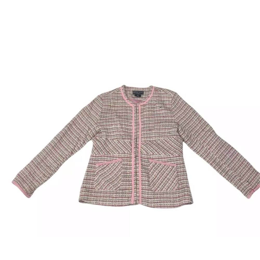 Robert Louis Women's Tweed Jacket Beige Pink Striped Open Front Pockets M